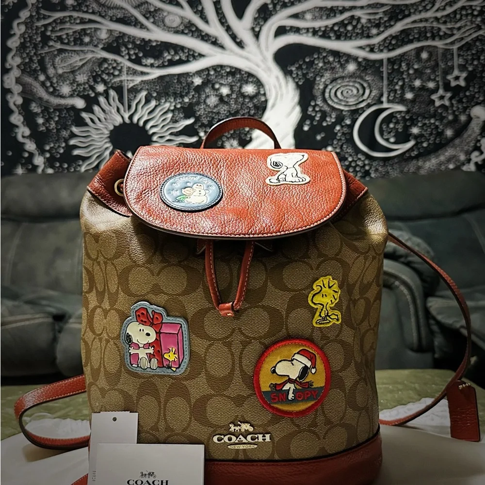 Coach Peanuts Snoopy Backpack Leather Backpack with Cartoon Patches - Picture 8 of 16